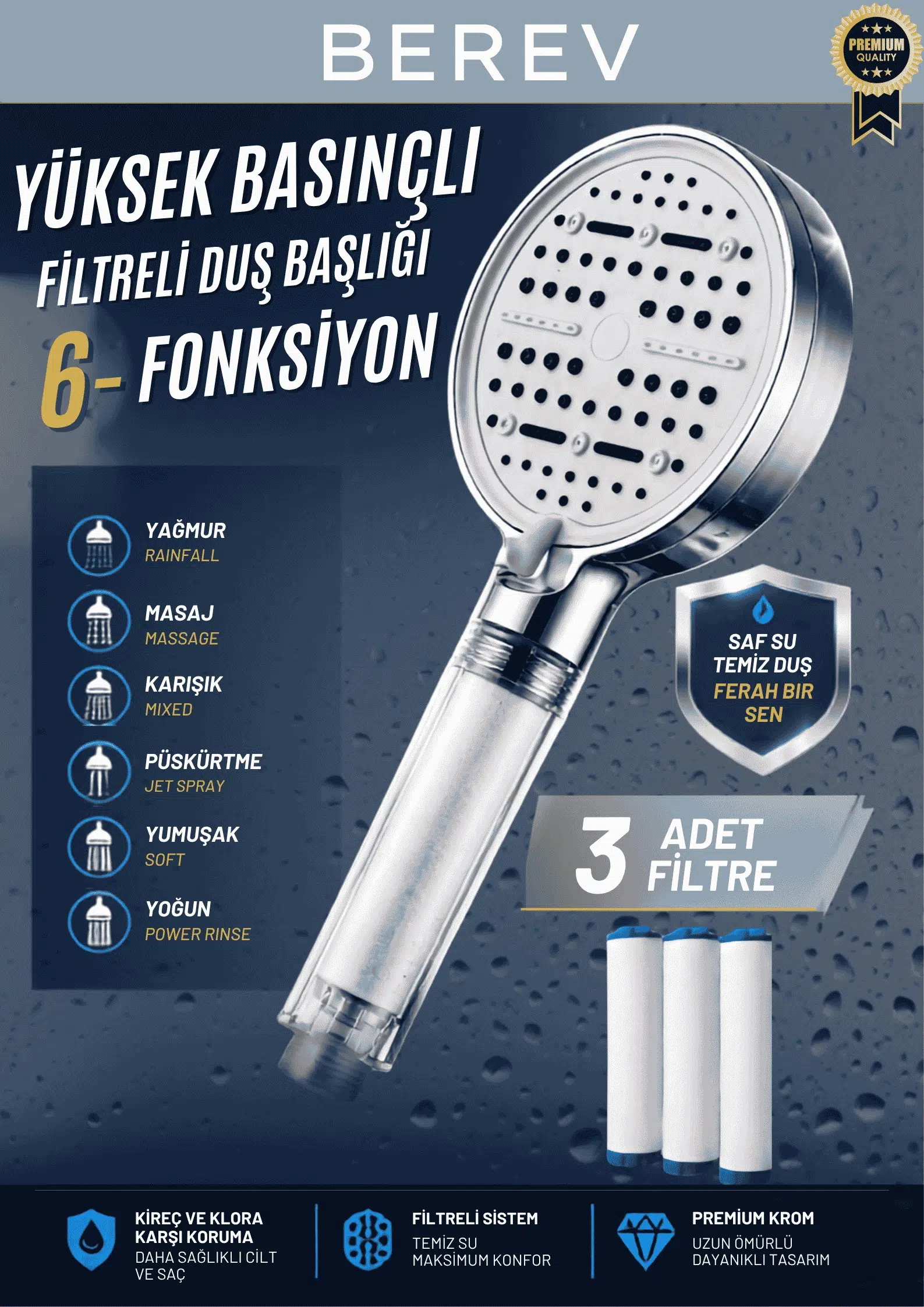 6 Fonksiyonlu Filtreli Krom Duş Başlığı 3 Adet Yedek Filtre Su Tasarruflu Basınçlı Kireç Klor Önleyici
